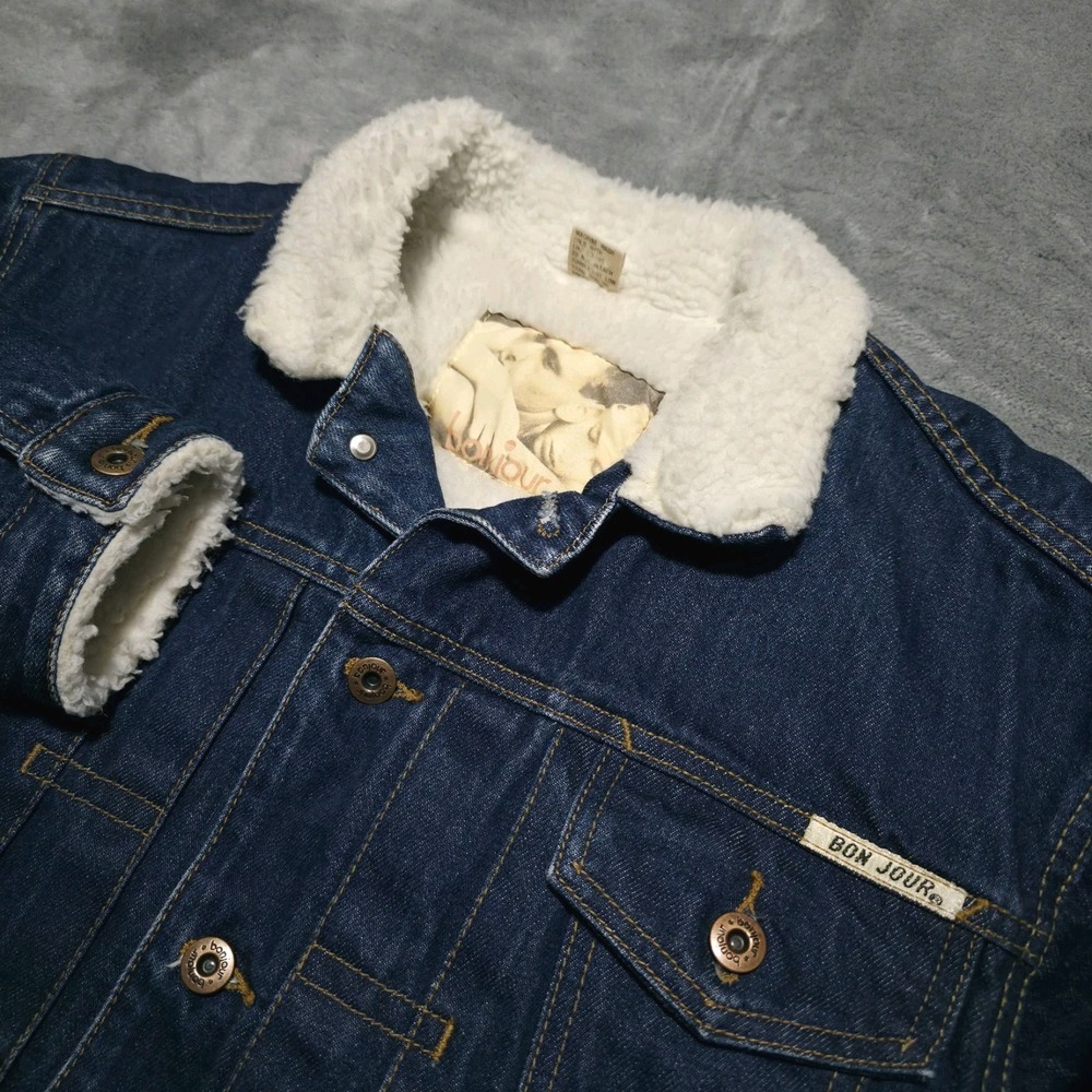 Vintage Bon Jour Baddie Y2K Denim Sherpa Lined Size Medium Cropped Jacket *RARE*